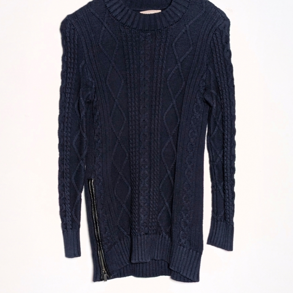 Banana Republic Women's Faux-Leather Trim Cable-Knit Pullover Small Cotton‎ Navy - Picture 3 of 9